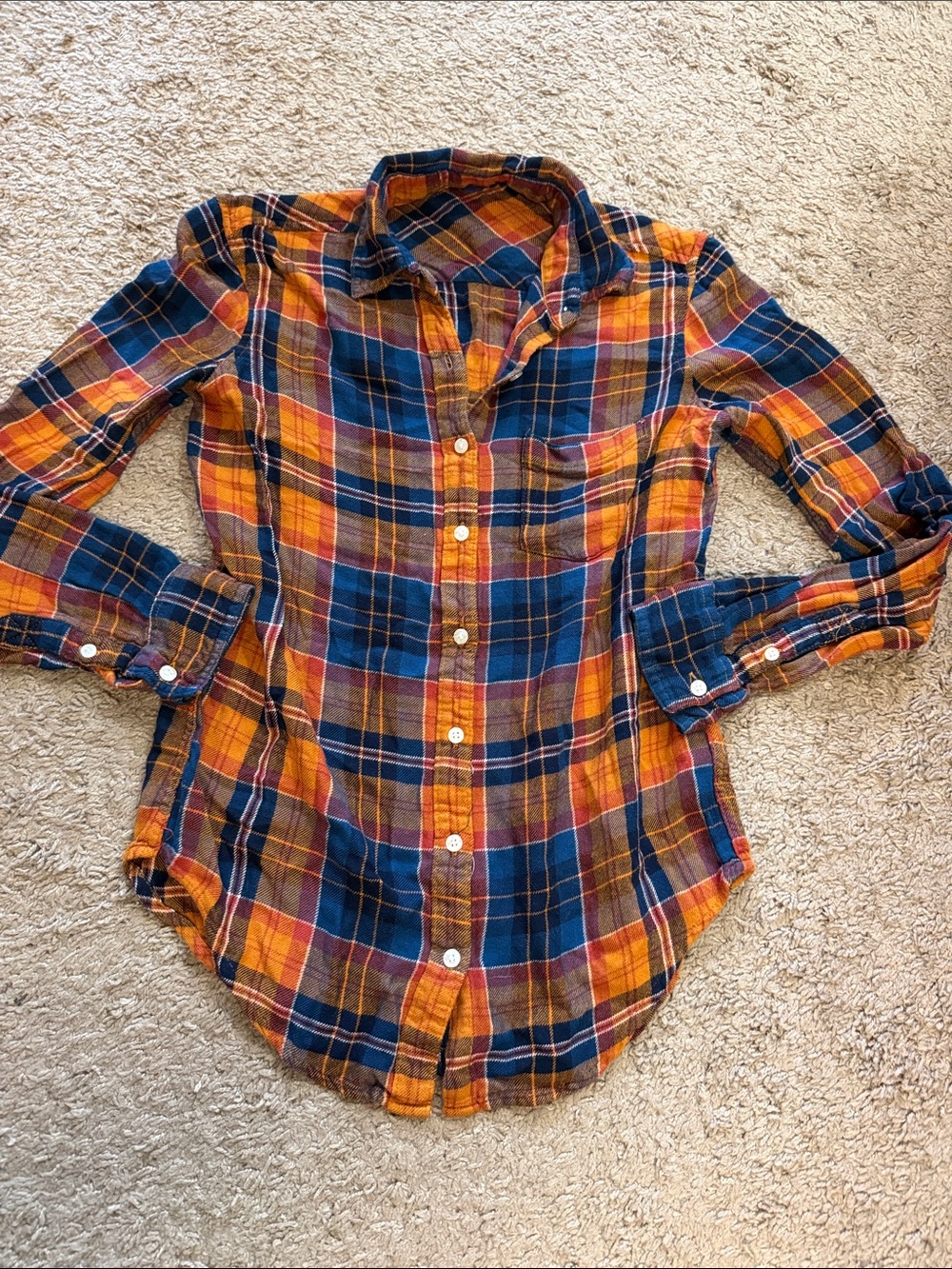 Aeropostale Women’s XS ' Orange & Navy Plaid Button-Up Flannel Shirt